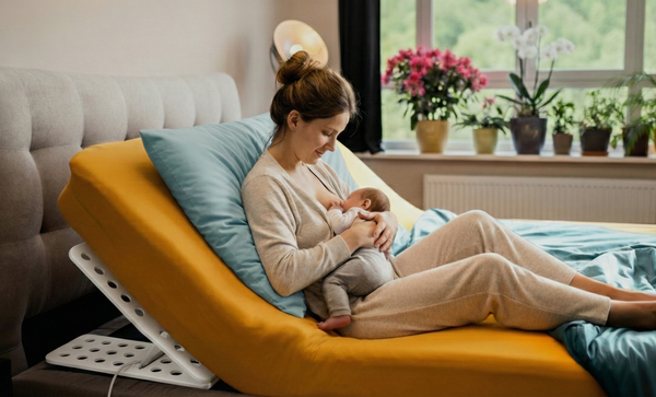 Mutter stillt ihr Baby in einer ergonomisch angehobenen Halbsitzposition mit dem CosyLift unter der Matratze.